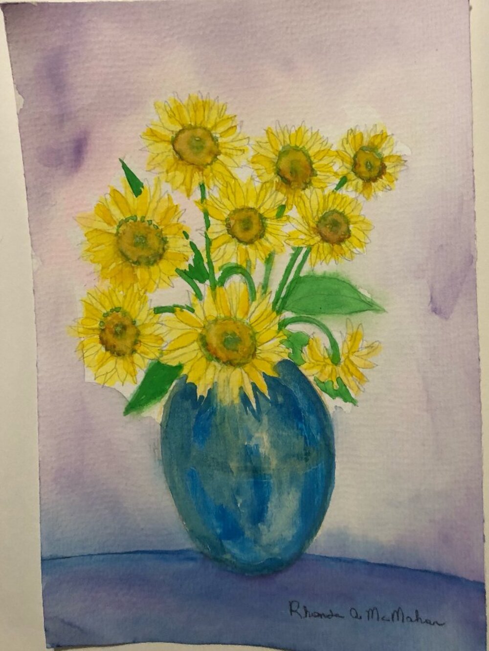 Watercolor Painting of Sunflowers in Blue Vase - Picture 4 of 5